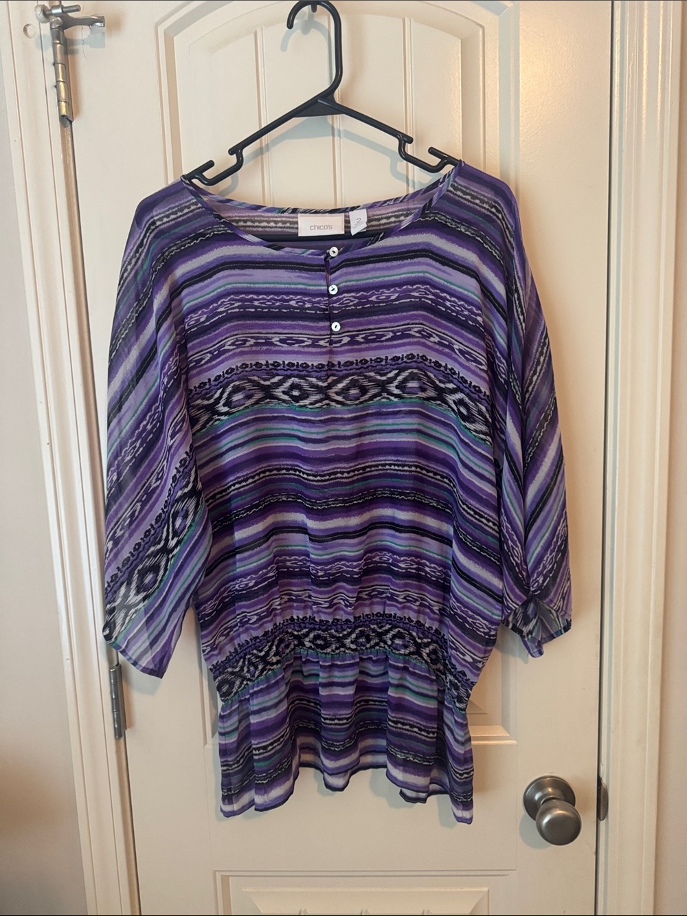 Chico's Purple and Black Striped Henley Peplum Tunic